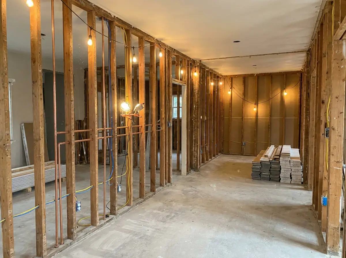 A home interior mid-renovation, studs and rough-in visible