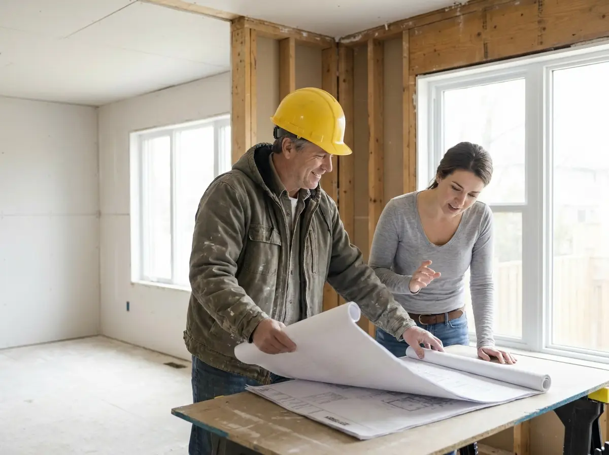 A construction professional reviewing plans with a partner on site